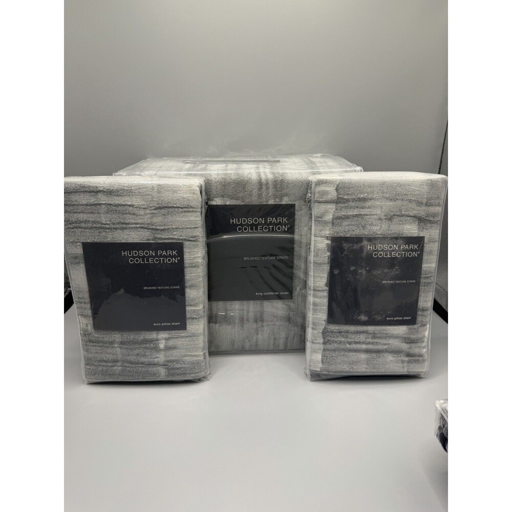Hudson Park Collection Brushed Texture Stripe KING Duvet Cover + 2 EURO Sham New